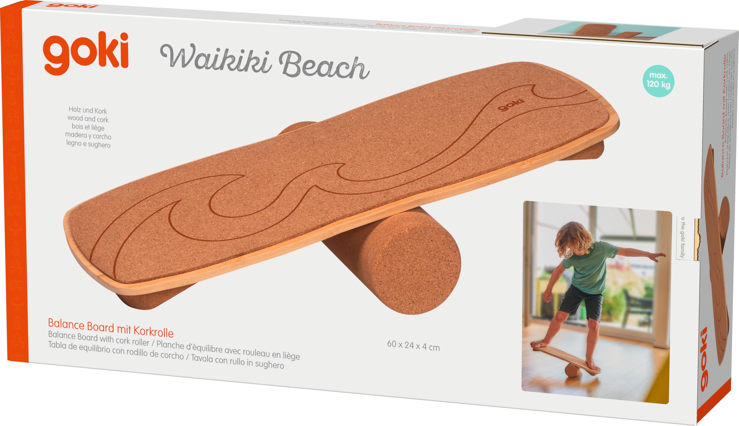 goki 59965 Balance Board „Waikiki Beach“ aus Holz & Kork, 60 × 24 × 4 cm – Motorikbrett für Gleichgewicht & Koordination, bis 120 kg belastbar