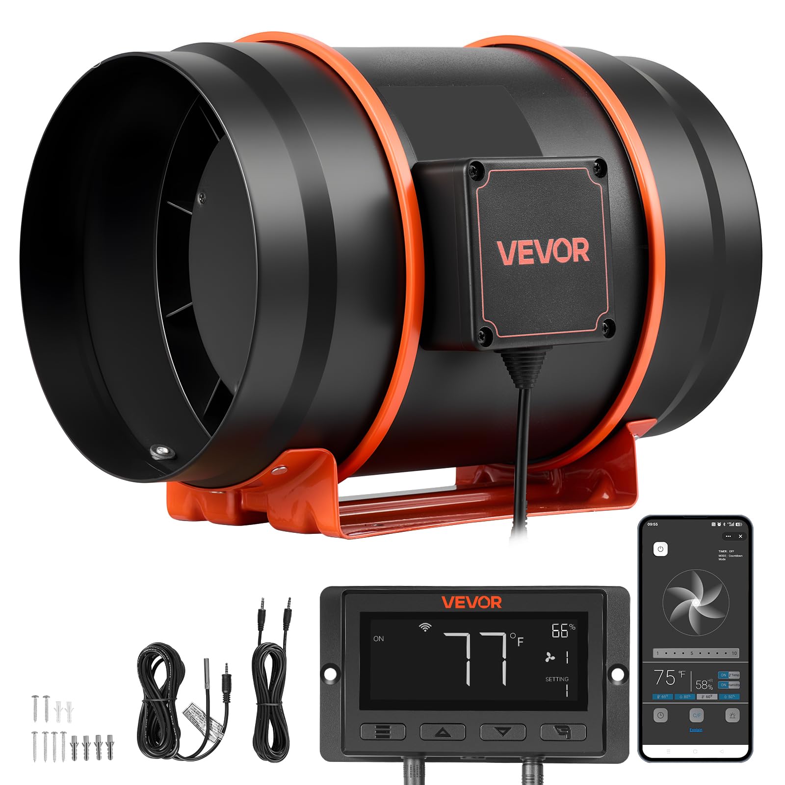 VEVOR Ventilateur de Gaine à Flux Mixte 1372 m³/h, Extracteur d'Air en Ligne 203 mm pour Tente de Culture et Sous-sol, Moteur EC, 10 Vitesses, Contrôleur PWM Contrôle App, Capteur Température Humidité
