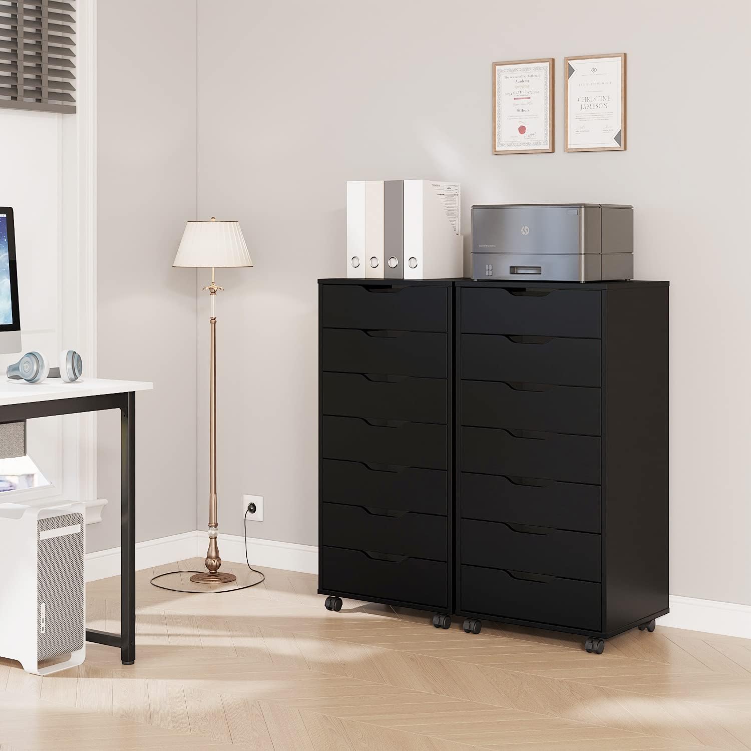 Panana 5/7 Drawer Chest, Wooden Tall Dresser Storage Dresser Cabinet with Wheels, Office Organization and Storage, Bedroom Furniture (Black, 7 Drawer)