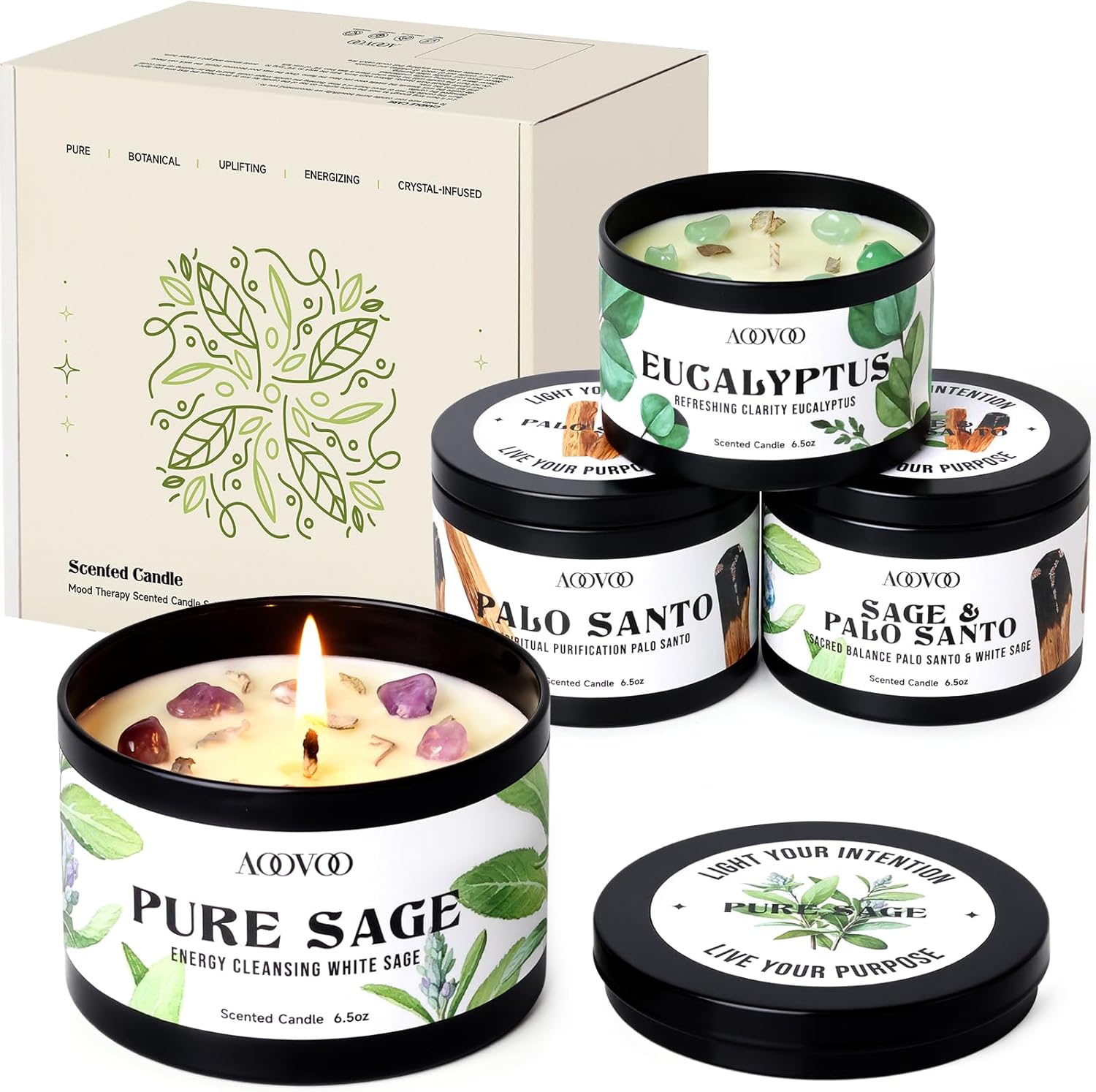 AOOVOO 4 Pack Sage Candles - Sage, Palo Santo, Sage & Palo Santo, Eucalyptus Mint Candle Set with Crystals & Decor, 26oz 200 Hours Long Lasting, Non Toxic Candles for Spiritual House Energy Cleansing - Image 8