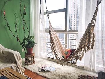 RISEON Handmade Boho Large Brazilian Macrame Fringe 2 Person Double Deluxe Hammock Swing Net Chair for Beach, Yard, Bedroom, Patio, Porch, Indoor, Outdoor, Wedding Decor 95 Lx 59 W