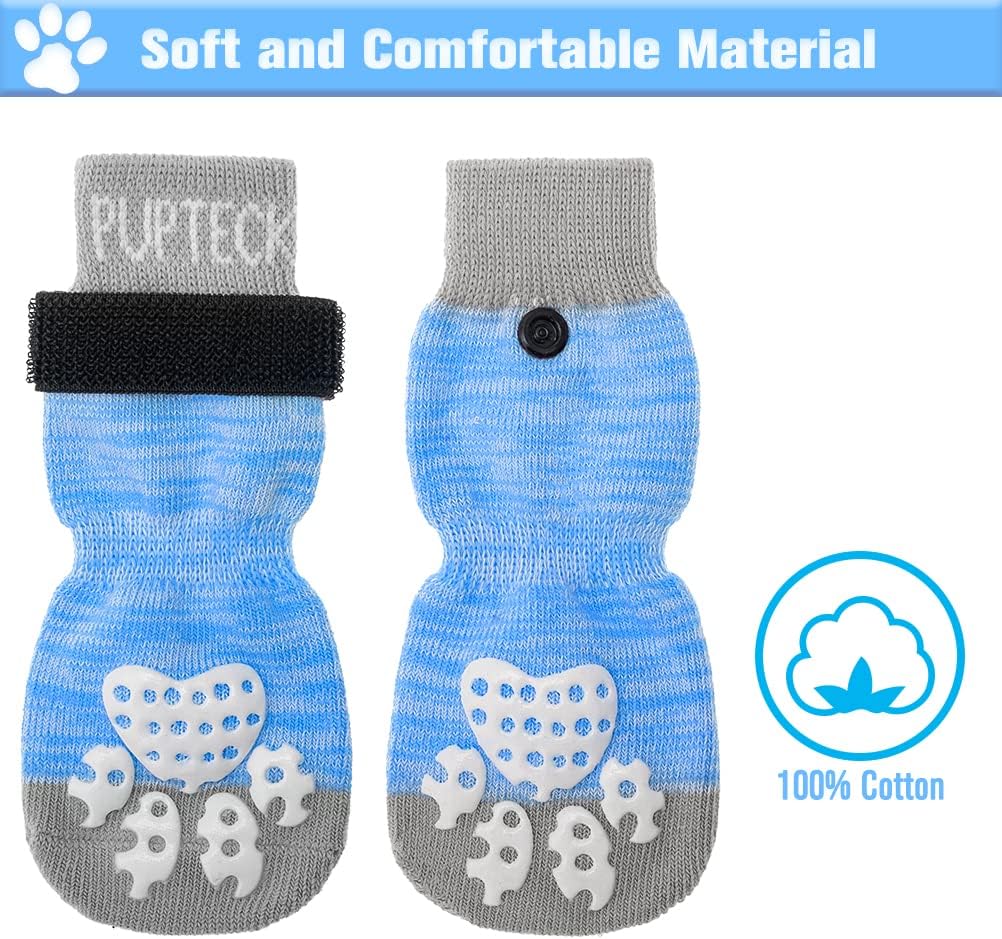 PUPTECK Double Side Anti-Slip Dog Socks with Adjustable Straps for Indoor Wear - 2 Pairs Pet Paw Protection Traction Control Socks on Hardwood Floor, Medium Blue