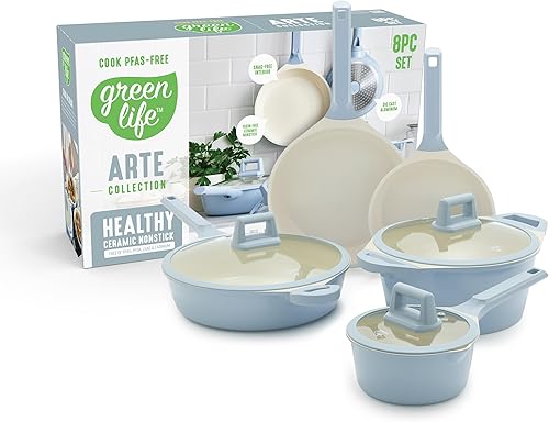 GreenLife Juego de 8 piezas de utensilios de cocina de cerámica antiadherente, ollas y sartenes aptas para inducción, libres de PFAS y no tóxicas,