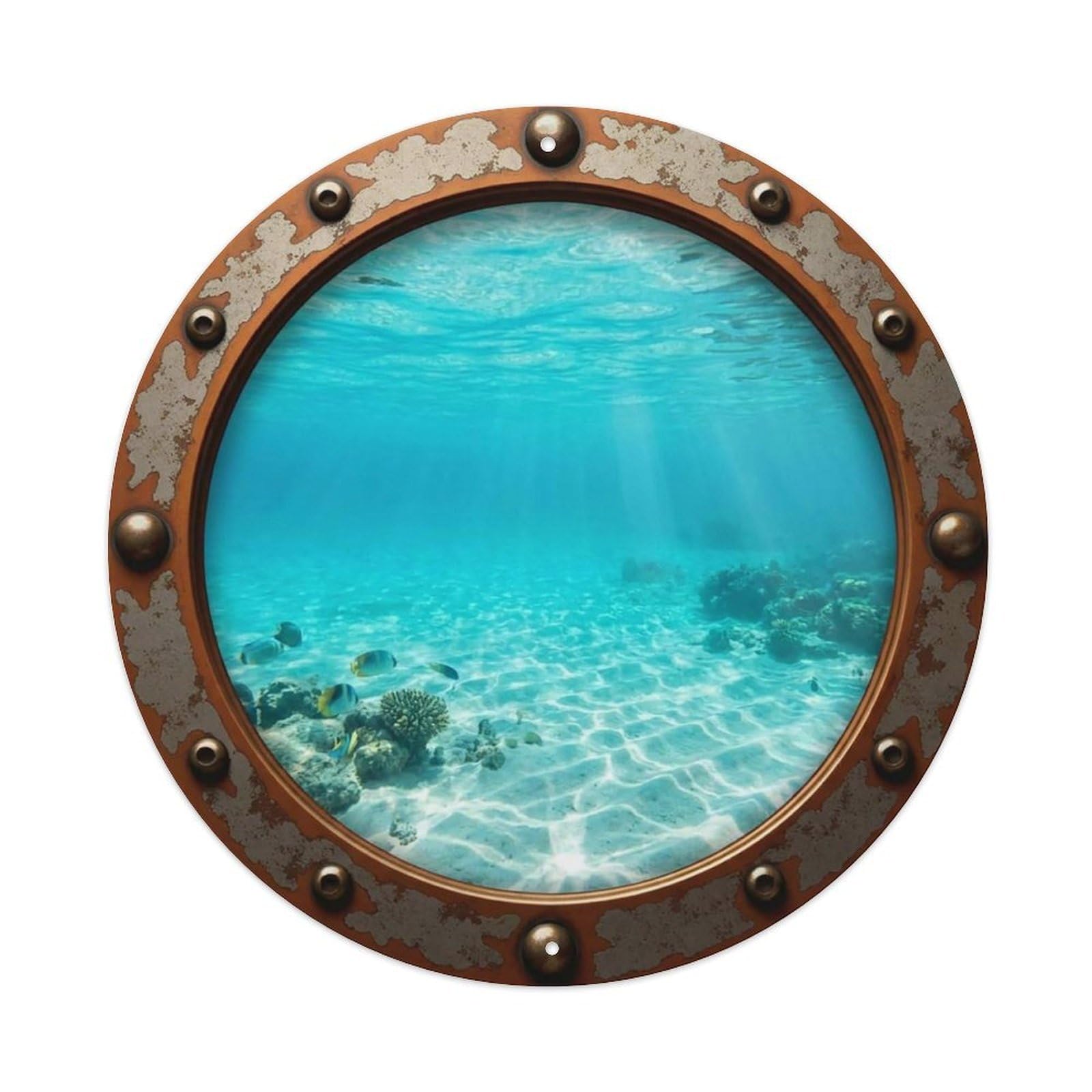 Vintage Porthole Bright Cyan Nautical Window View Vintage Metal Tin Sign Plaque Wall Decor for Cafe, Club Bar, Office, Garden Metal Poster 8x8Inch