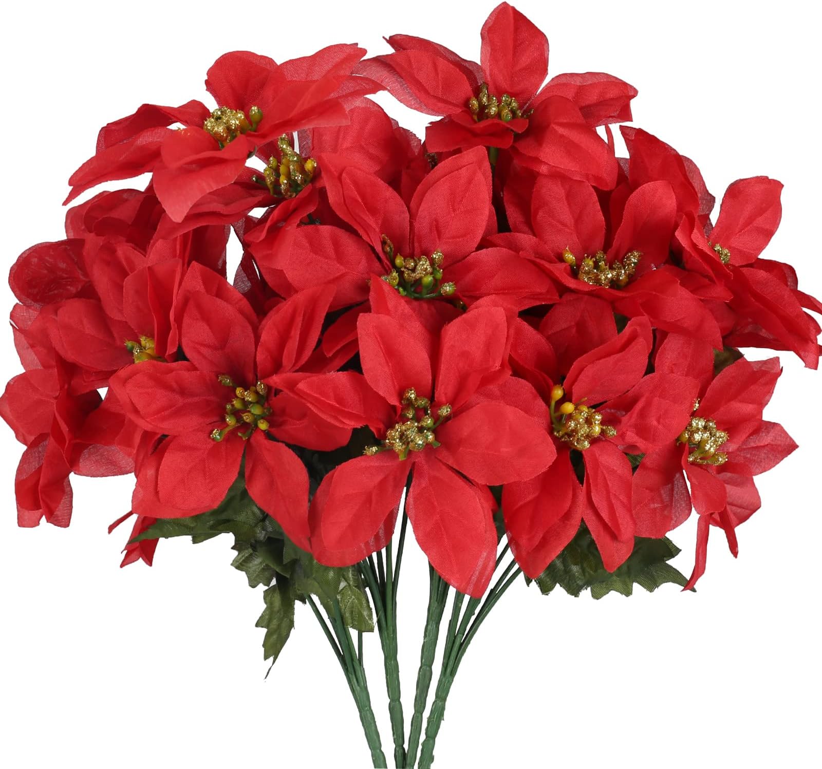 HUAESIN 7 Heads 4 Pack Artificial Poinsettia Bushes Silk Fabric Poinsettia Bushes Plants for Indoor Outdoor Christmas Flowers Bouquet Xmas Tree Ornament Home Porch (Red)