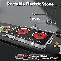 Vista 6 de Karinear 2 Burner Electric Cooktop 110V, Portable Electric Stove with Handle, Knob Control Electri Hot Plate, Ceramic Countertop Burner, Timer