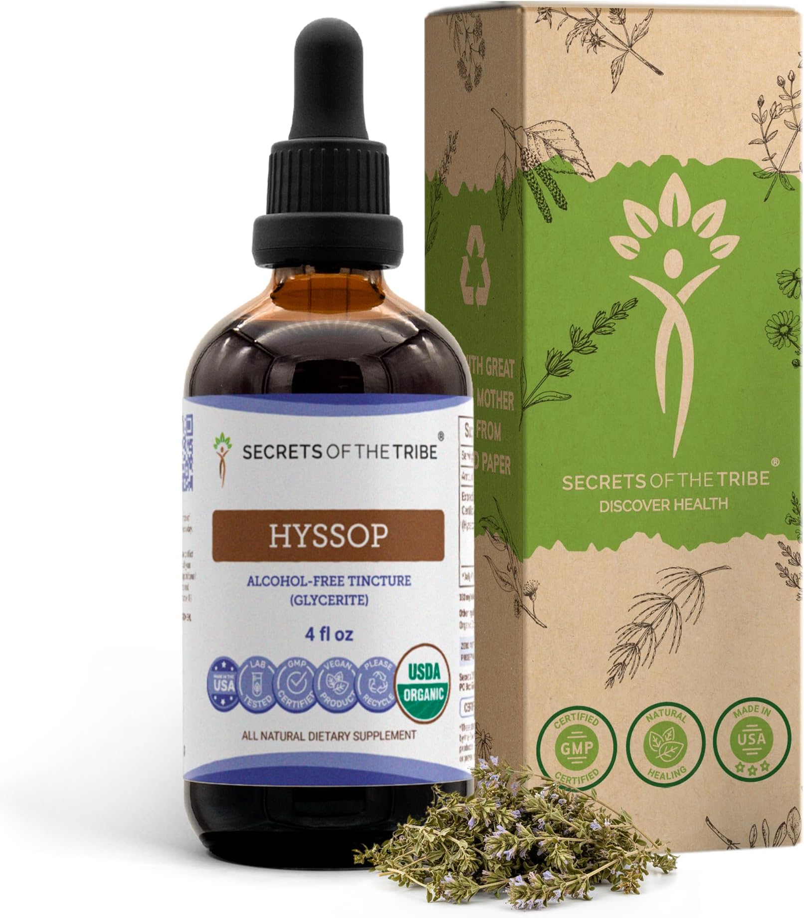 Hyssop Alcohol-Free Liquid Extract, USDA Organic Hyssop (Hyssopus officinalis) Dried Leaf and Flower Tincture Supplement (4 FL OZ)