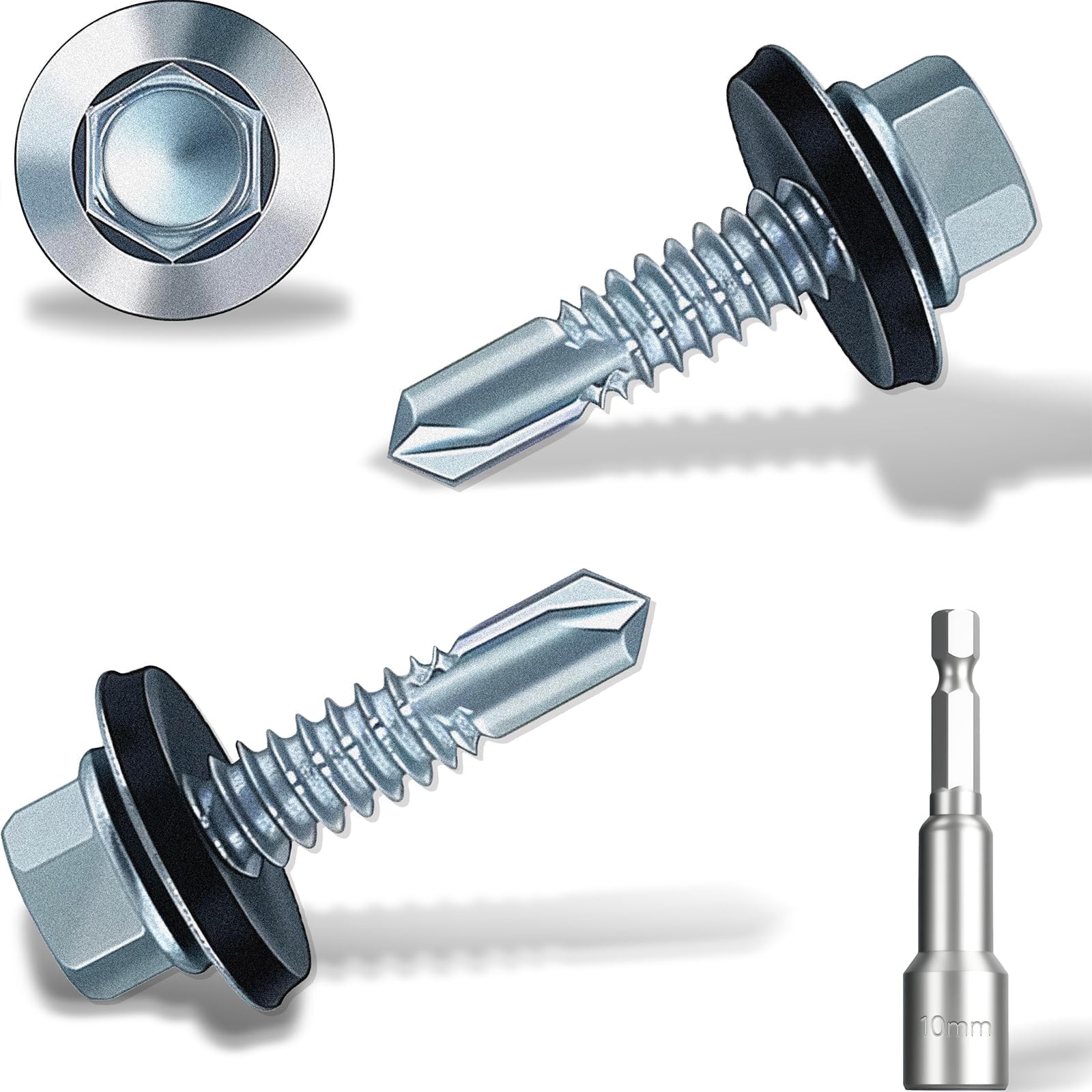 4.8x25 mm Self-Drilling Roofing Screws, 90 pcs Hex Head Self Tapping Screws, Hex Head Self-Drilling Roof Screws with Rubber Sealing Washer. with Hex Socket, Zinc Plat.