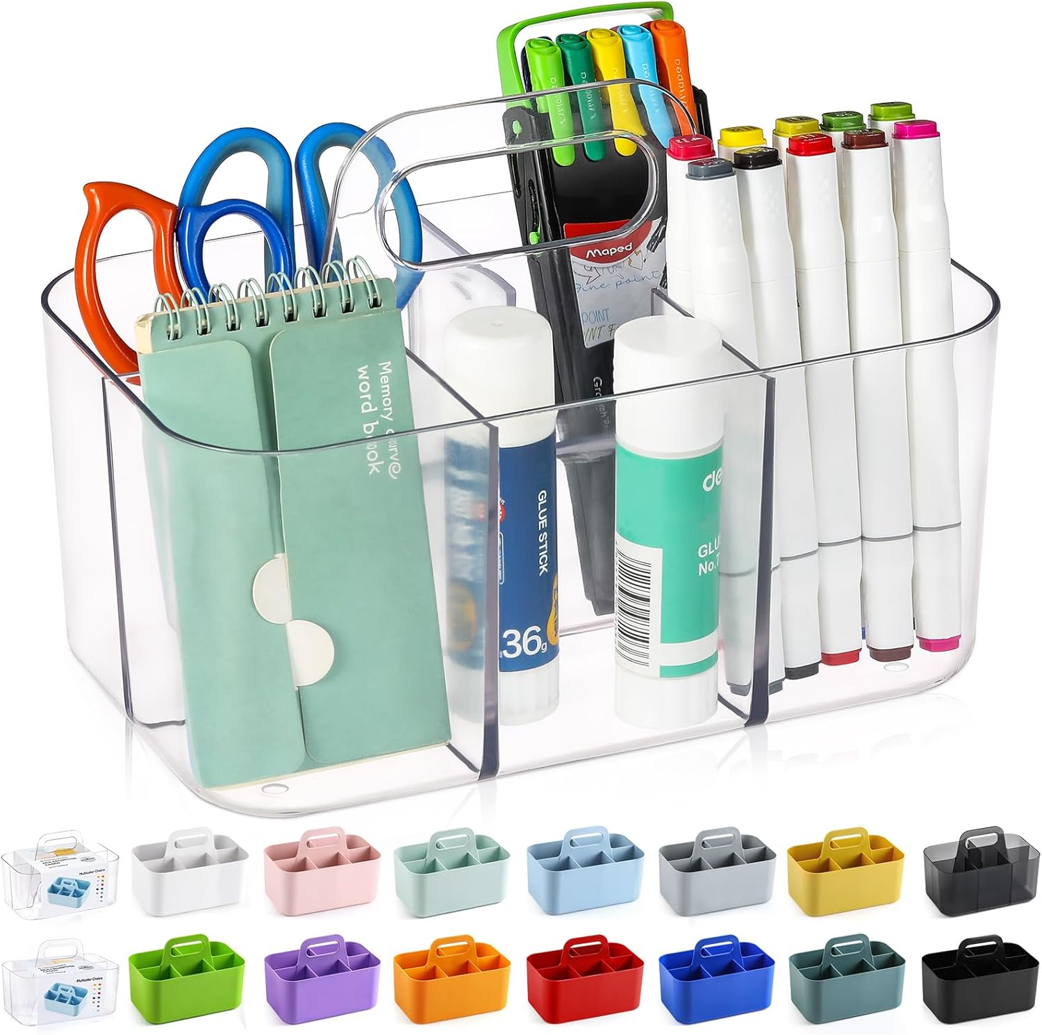 multiuse caddy organizer with handle - stackable plastic tote bin - art craft supplies, office, desk, stationery pen holder, kitchen, utensil, makeup, bathroom, shower, cleaning, dorm organizer -clear
