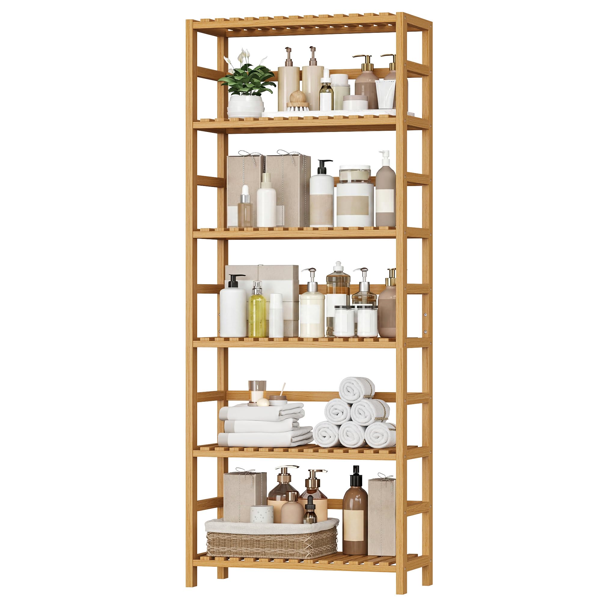 FOREHILL Bamboo Shelving Units 6-tier Storage Shelves Adjustable Kitchen Storage Book Rack Plants Stand Shelf for Bathroom Kitchen 60x26x161cm Natural