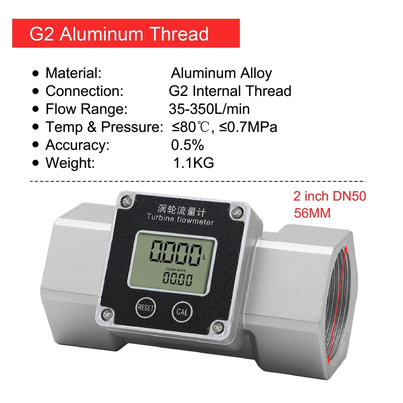 Caudalímetro, Medidor de flujo turbina digital acero inoxidable 1,5 2 pulgadas, medidor agua y urea electrónico con pantalla LCD totalizador(2 inch Al Alloy)