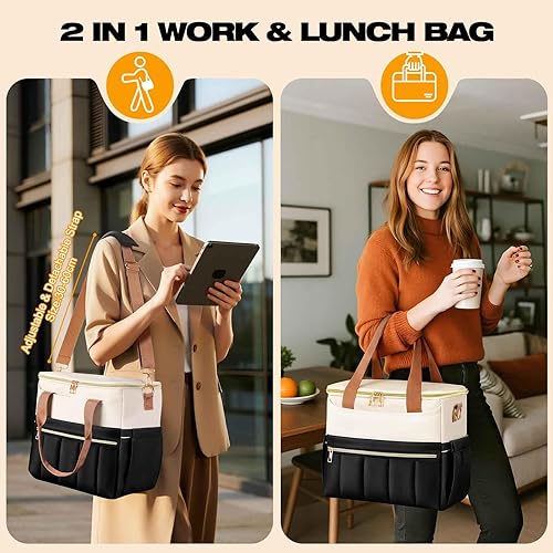 Miniatura 3 de Bolsa de almuerzo, lonchera aislada de gran capacidad, a prueba de fugas, para mujeres, con múltiples bolsillos, correa de hombro ajustable, soporte
