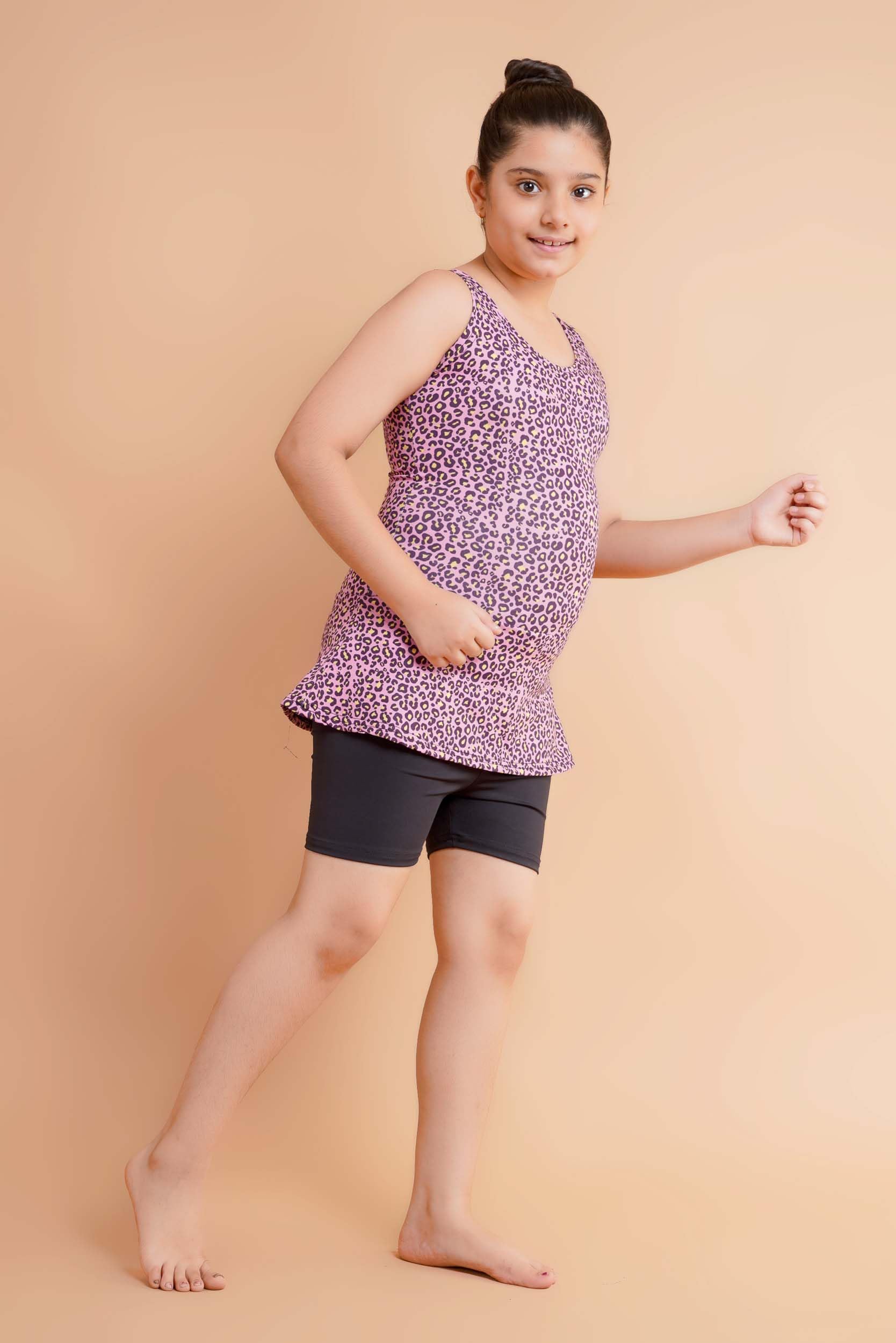 Keepfit Kids Girls Printed Swimsuit Frock Style top with boy Shorts | Comfortable Quick Dry Beachwear for Girls Pink 2