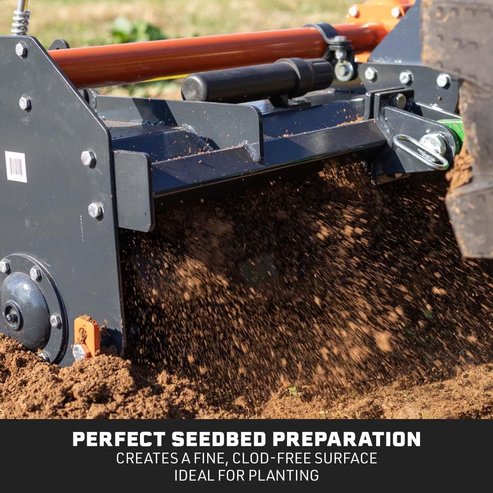 Titan Attachments 3 Point 48" Rotary Tiller Attachment Fits Cat 1 Tractors, Charcoal Finish, Single Speed PTO Driven Cultivator with a 540 RPM Gearbox, Replaceable L-Shaped Tines Work 5" Deep