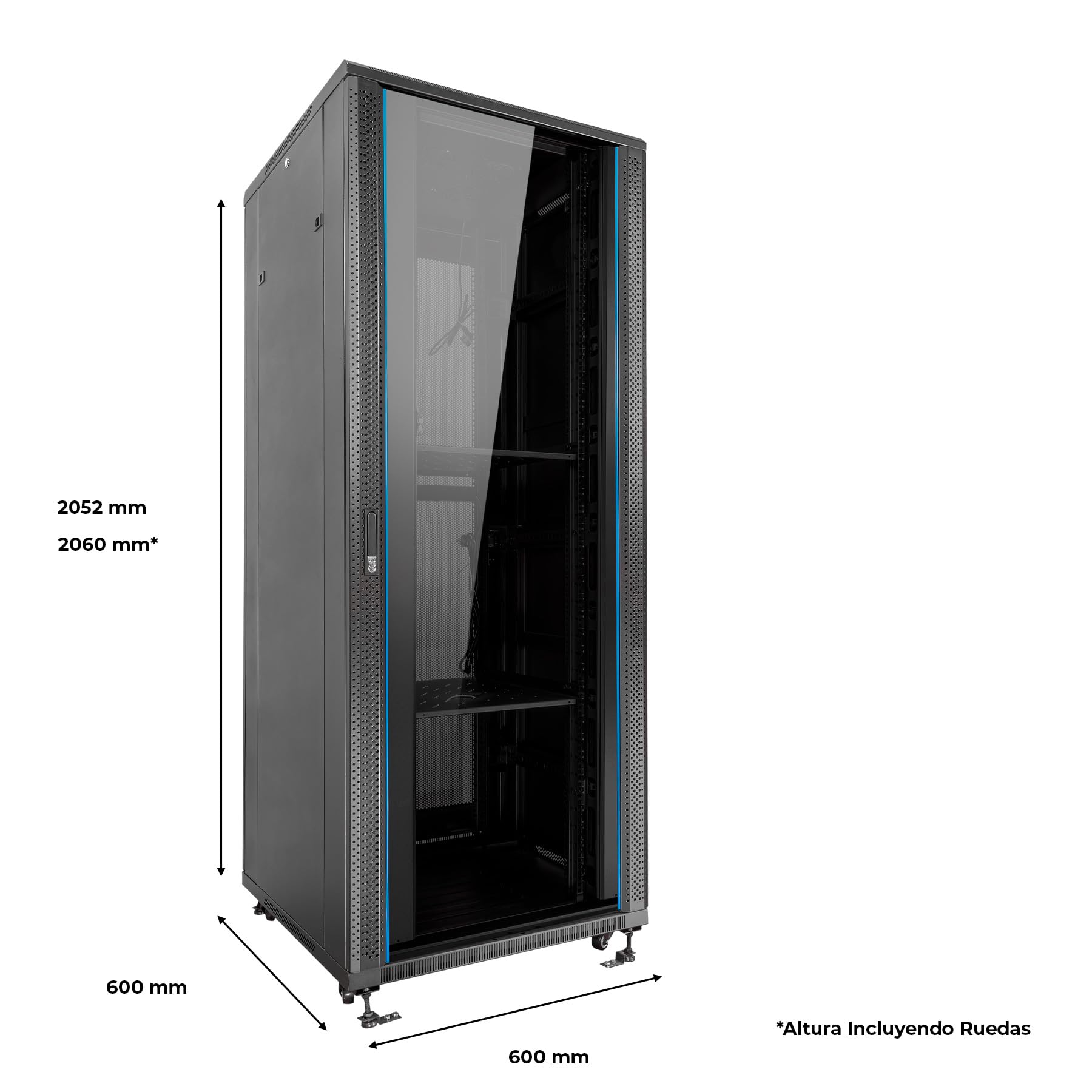 Aiten Data Armario Rack Suelo 19" 42U 600 x 600 x 2060 mm Montado con Accesorios: 2 Bandejas Fijas, 4 Ventiladores 120 mm, 1 PDU con 8 Puertos de 1U, Patas, Ruedas y Llaves