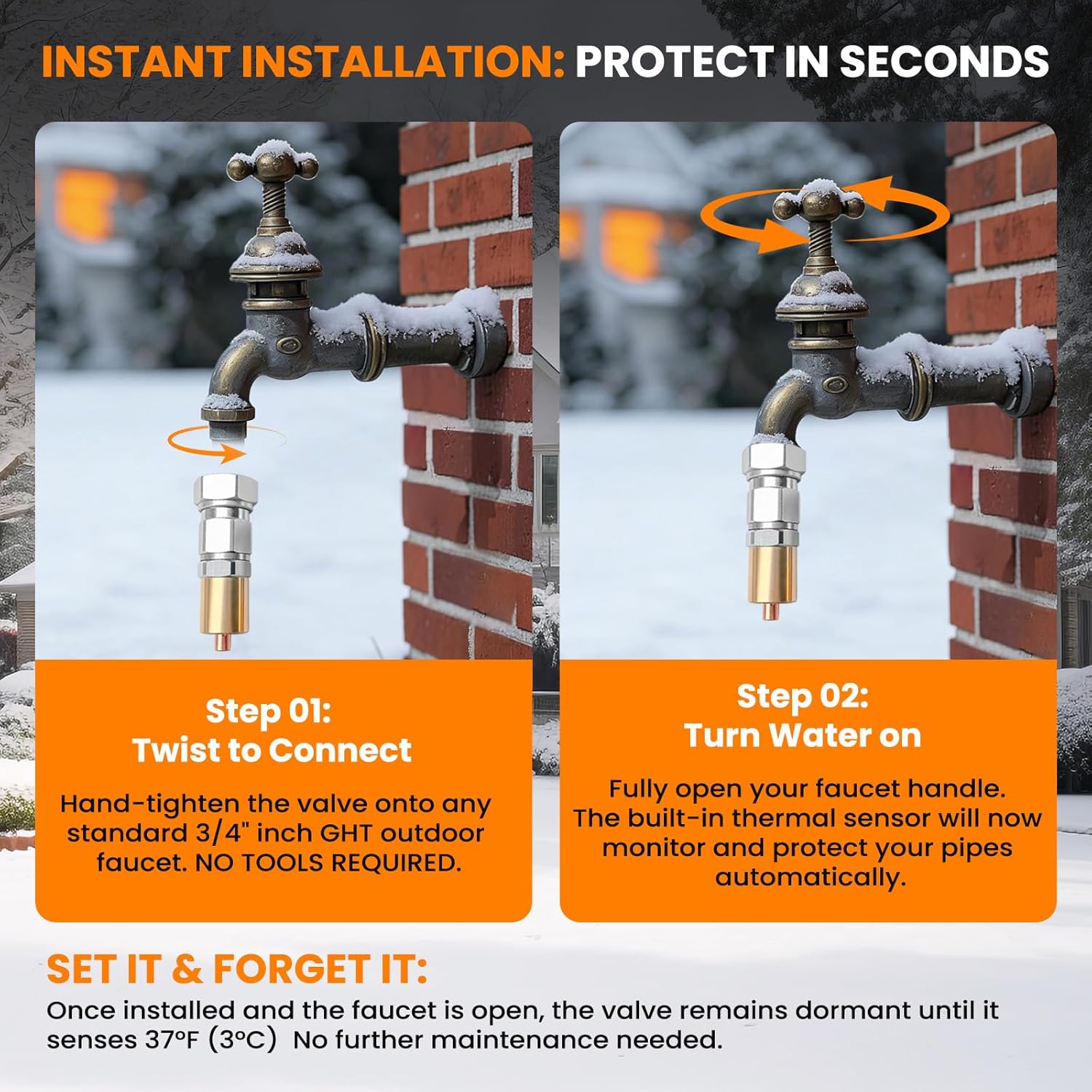 Outdoor Faucet Freeze Protection Valve,3/4” inch GHT Thread Spigot Freeze Protector Activates Below 37°F/3°C Heavy Duty Brass Winter Faucet Cover Alternative,2 Pcs