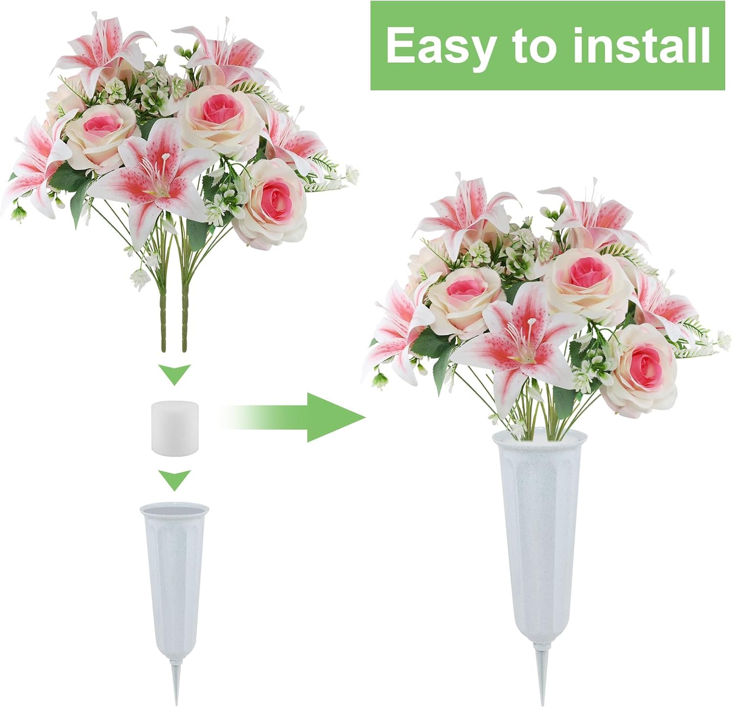 2 Set Artificial Cemetery Flowers with Grave Vase-2 Bunches Lilies & Rose Mixed Pinkish Silk Memorial Flowers-2 Cemetry Vase with Foam for Outdoor Headstones Gravesite Graveyard Decorations