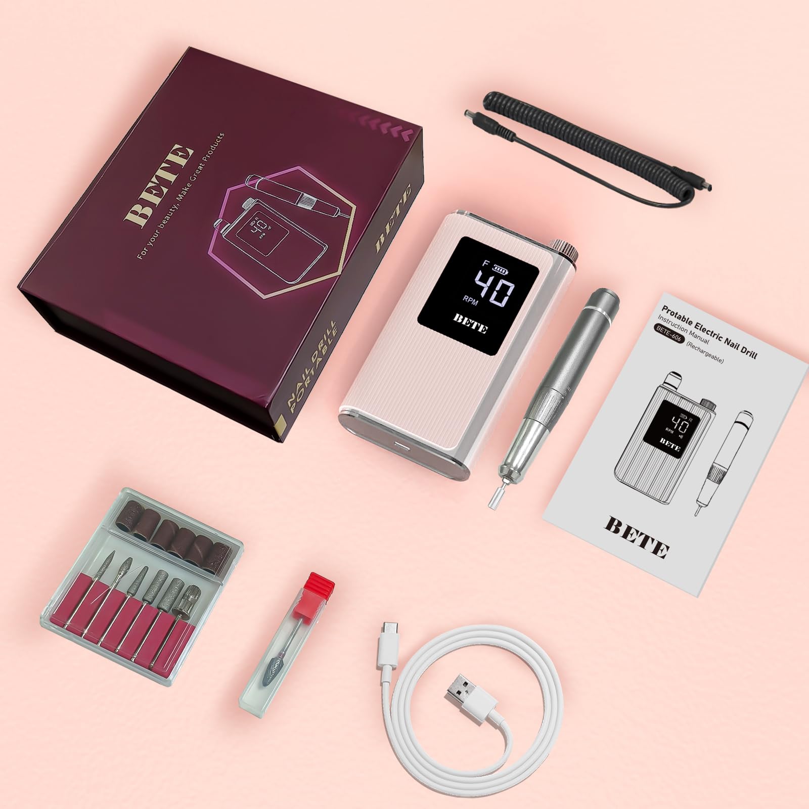 BETE Professioneller Nagelbohrer mit bürstenlosem Motor, 40.000 U/min, kabellos, elektrisch, Nagelfeilen-Set mit 6 Bits, wiederaufladbares Efile für Acrylgelnägel, Maniküre-Werkzeuge für den