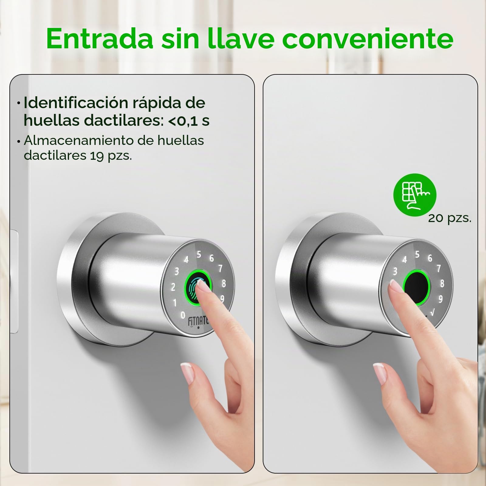 FITNATE 4 en 1 Smart Fingerprint Door Lock - Desbloqueo por huella dactilar, desbloqueo por contraseña, control por aplicación, llave de emergencia, apto para oficina, hogar y hotel, plateado
