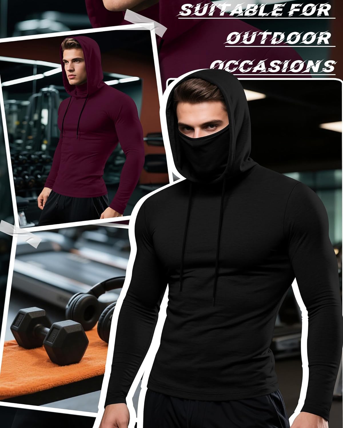 3 Pack Men's Sports Hoodies with Mask Compression Long Sleeve Thermal Shirts Base Layer Tees Running Pullover - Image 5
