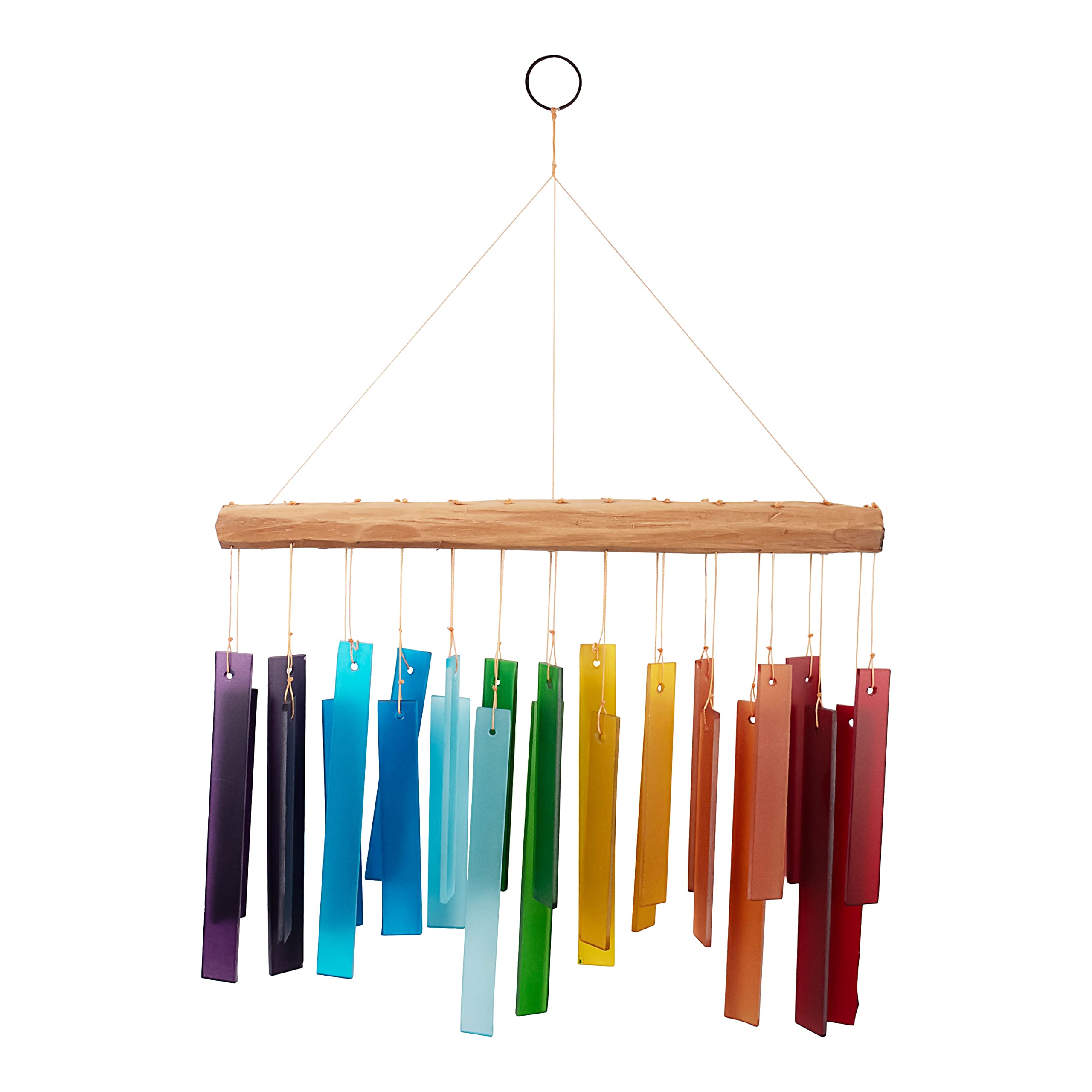 Blaues Handworks-Farbspektrum-Windspiel aus Glas und Treibholz, sandgestrahltes Glas und Fundholz, handgefertigt