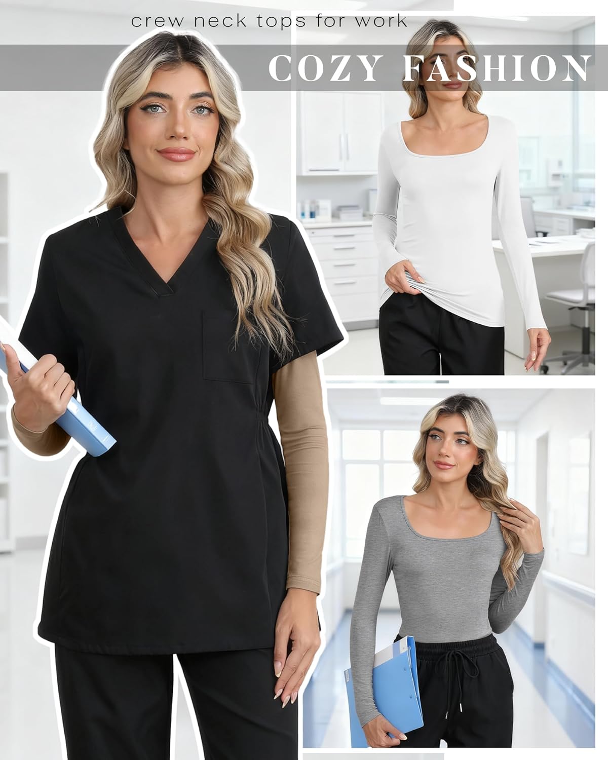 4 Pack Women's Underscrub Shirts Long Sleeve Square Tops Comfort Knit Fitted Layering Undershirts for Nurse