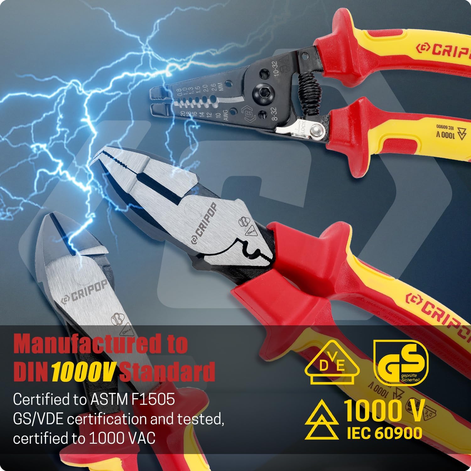 3 PCS Insulated Pliers Set, 1000V Insulated Electrical Tools Kit with Wire Stripper, Linesmen & Diagonal Cutters, VDE Certified