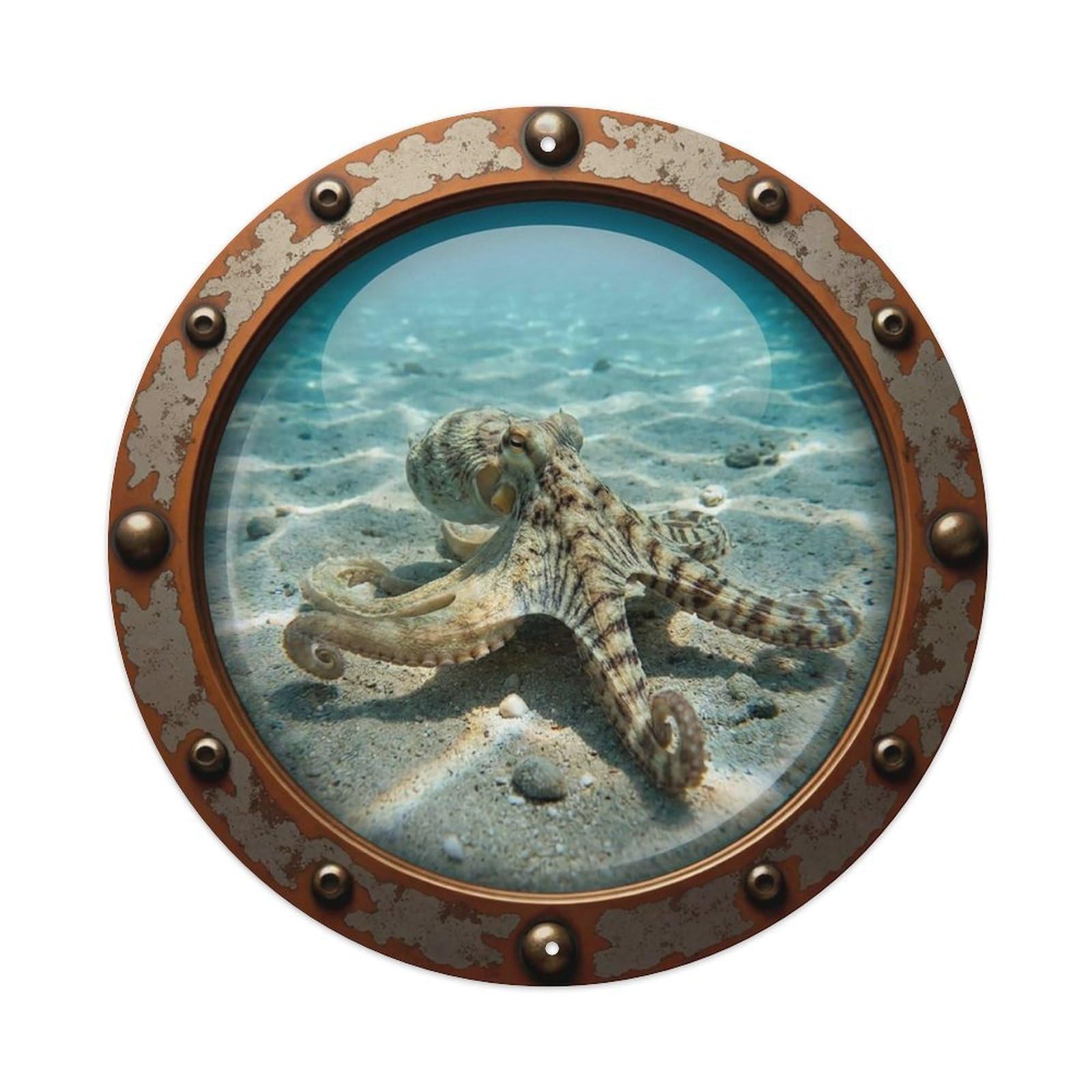 Gead 8X8inch Style Vintage Porthole Mimic Octopus Nautical Window View Metal Tin Sign
