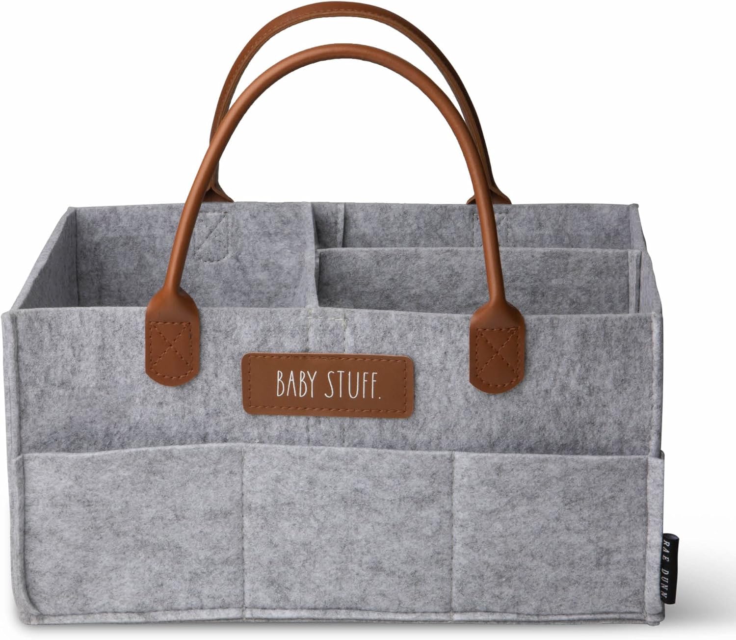 Rae Dunn Baby Diaper Caddy Organizer, Nursery Storage for Changing Table and Car, Portable Basket for Items, Shower Gifts, Grey Felt With Leather Handles, Small