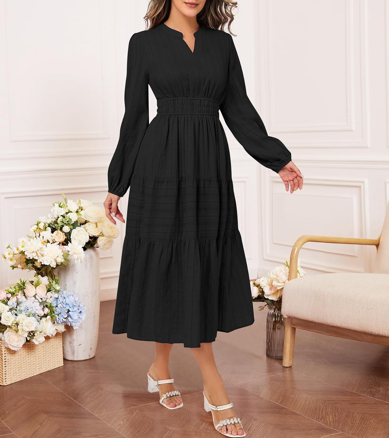 Fall Dresses for Women 2025 Casual Long Sleeve V Neck Elastic Waist Soft Maxi Wedding Guest Dress Pockets - Image 3