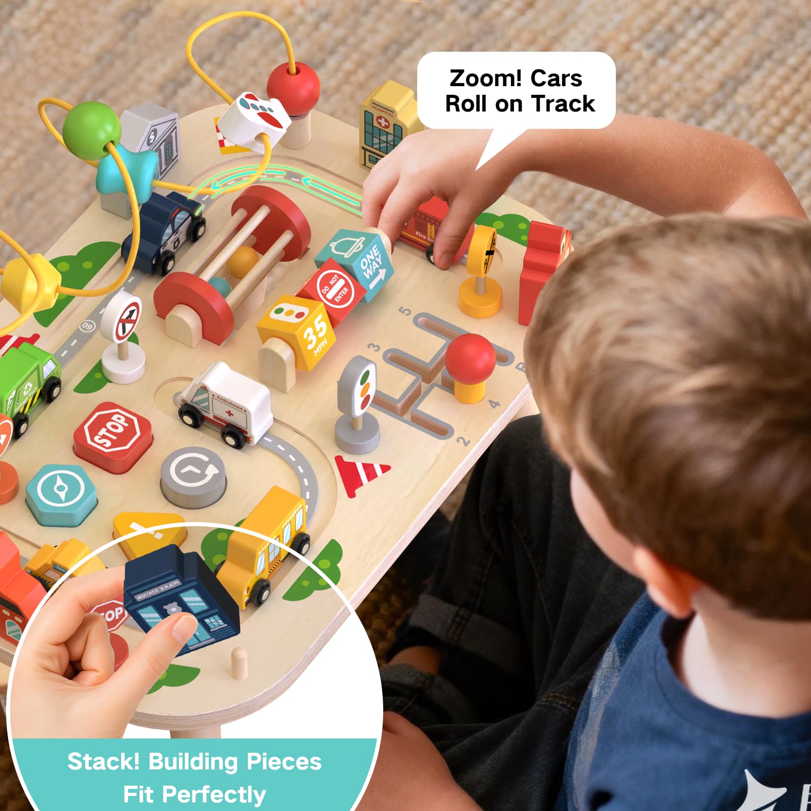Weilim Mesa de Actividades de Madera para bebés, Juguete Montessori con Laberinto de Cuentas, clasificador de Formas y Pista de Tren, Juguete Educativo sensorial (Coche)