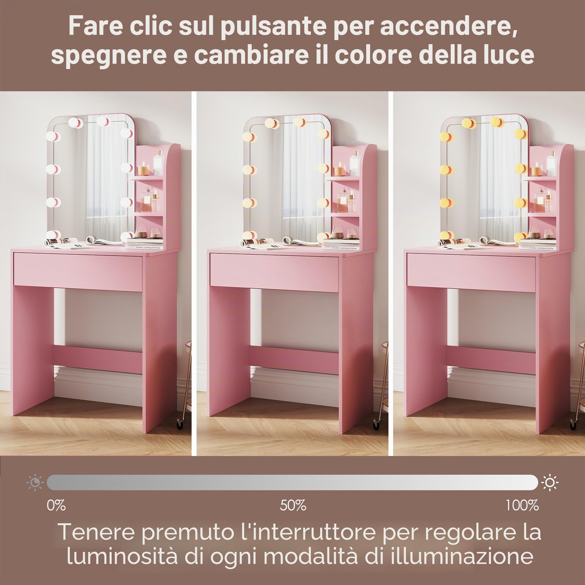 SIRHONA Tavolo da trucco con specchio a LED con luminosità regolabile, con specchio, 1 cassetti e 2 ripiani, stile moderno, rosa
