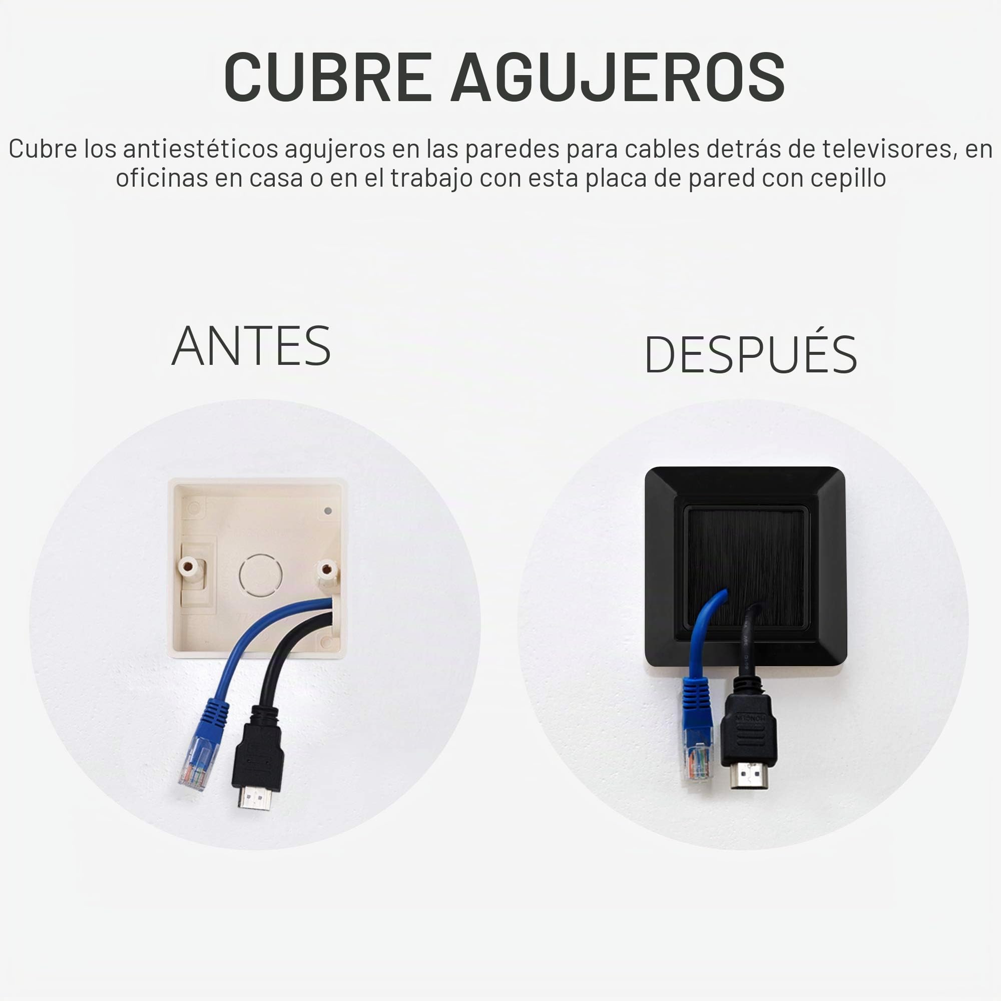 kwmobile 2X Placa de Pared con Cepillo - Cubierta Oculta para tapar Cables Salidas Hoyos y cableado - Set de pasacables para Enchufe Europeo - Negro