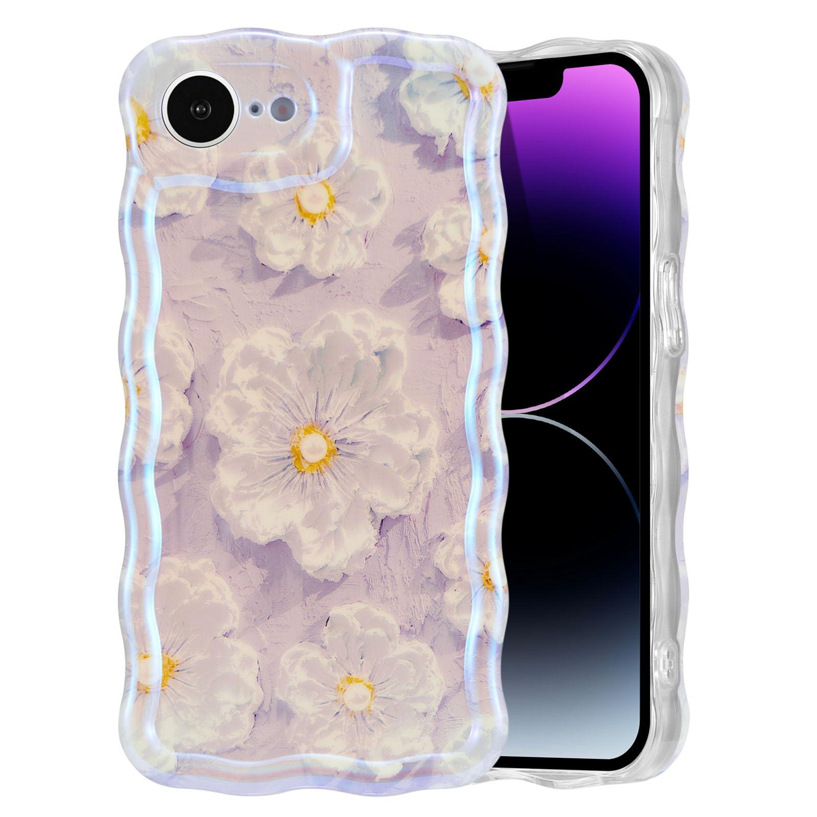 EYZUTAK Case for iPhone 15, Colorful Retro Oil Painting Flower Laser Beam Glossy Pattern Cute Curly Waves Border Exquisite Phone Cover Stylish Durable Soft TPU Protective Case for Girls Women - Green — view 87