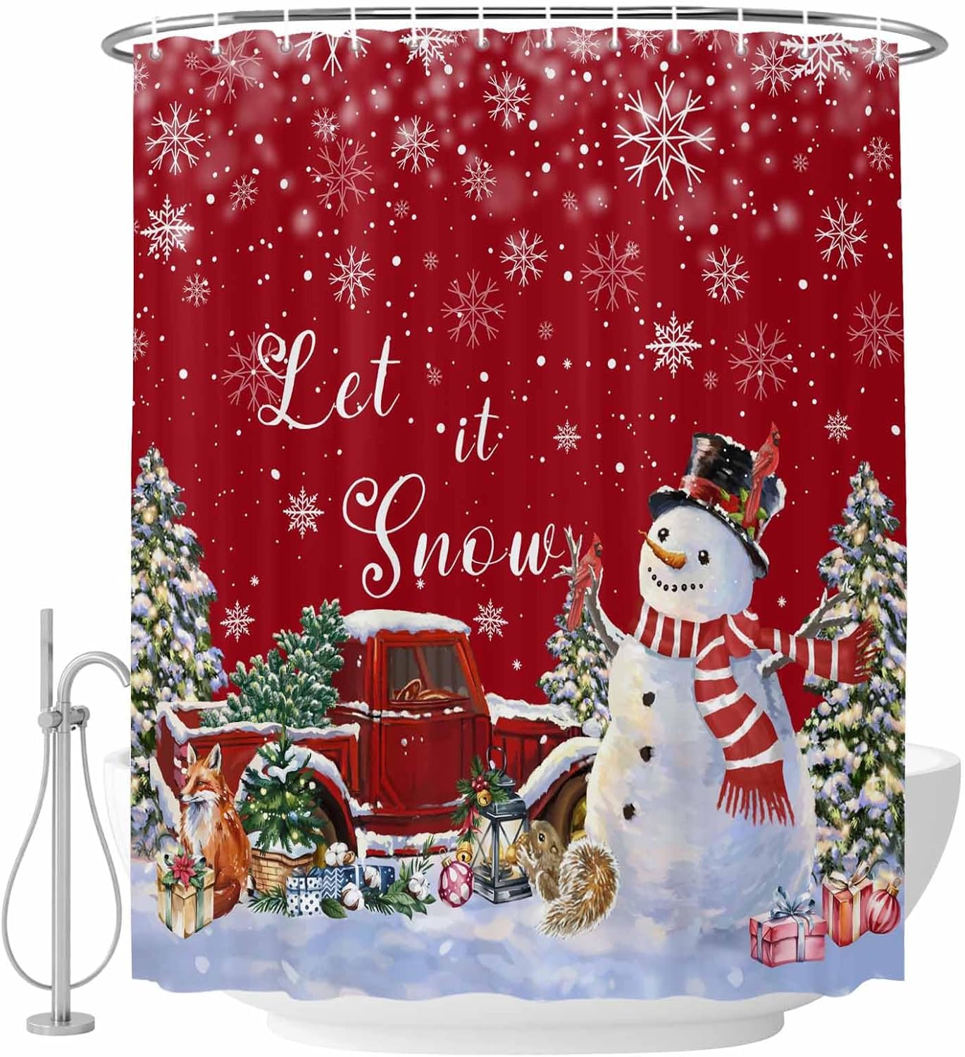 Christmas Shower Curtain Snowman Red Truck Bathroom Curtains with Hooks, Waterproof Fabric Let it Snow Snowflake Shower Curtains Set for Bathroom Bathtubs Xmas Tree Squirrel Holiday Decor Gift 72x84