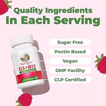 MARYRUTH'S Vitamin D3 + B12 Gummies for Ages 4+, Sugar Free, 60 Servings | Sugar Free, 60 Servings
