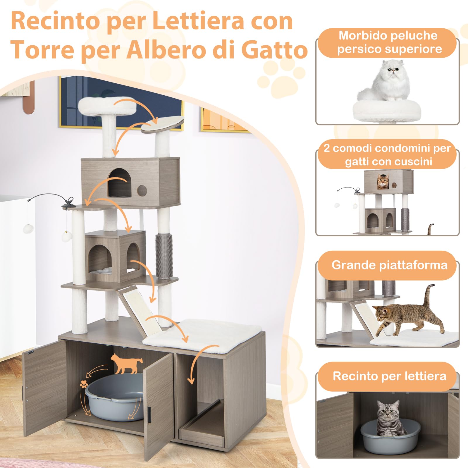 GYMAX Albero Tiragraffi per Gatti con Mobile Nascondi Lettiera, Torre per Gatti Tutto-in-uno con 2 Casette, Tiragraffi, Tappeti di Sisal, Palline, Spazzola, Mobile in Legno per Gatti Domestici