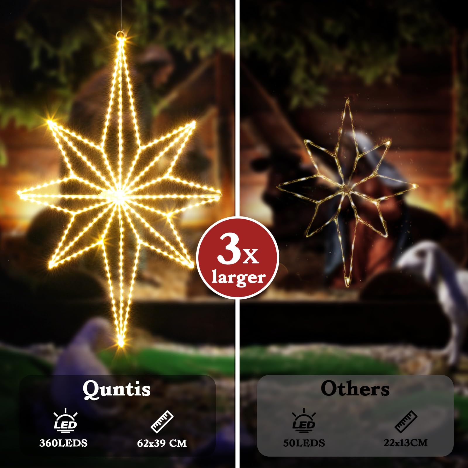 Quntis Stelle Luminose Natale Pieghevole 360 LEDs, Luci Natale Stella 62x39CM, Tenda Luminosa Grande Stella Interno per Finestra Porta Festa Catena Luminosa 3D Stelle Decorazioni Natalizie