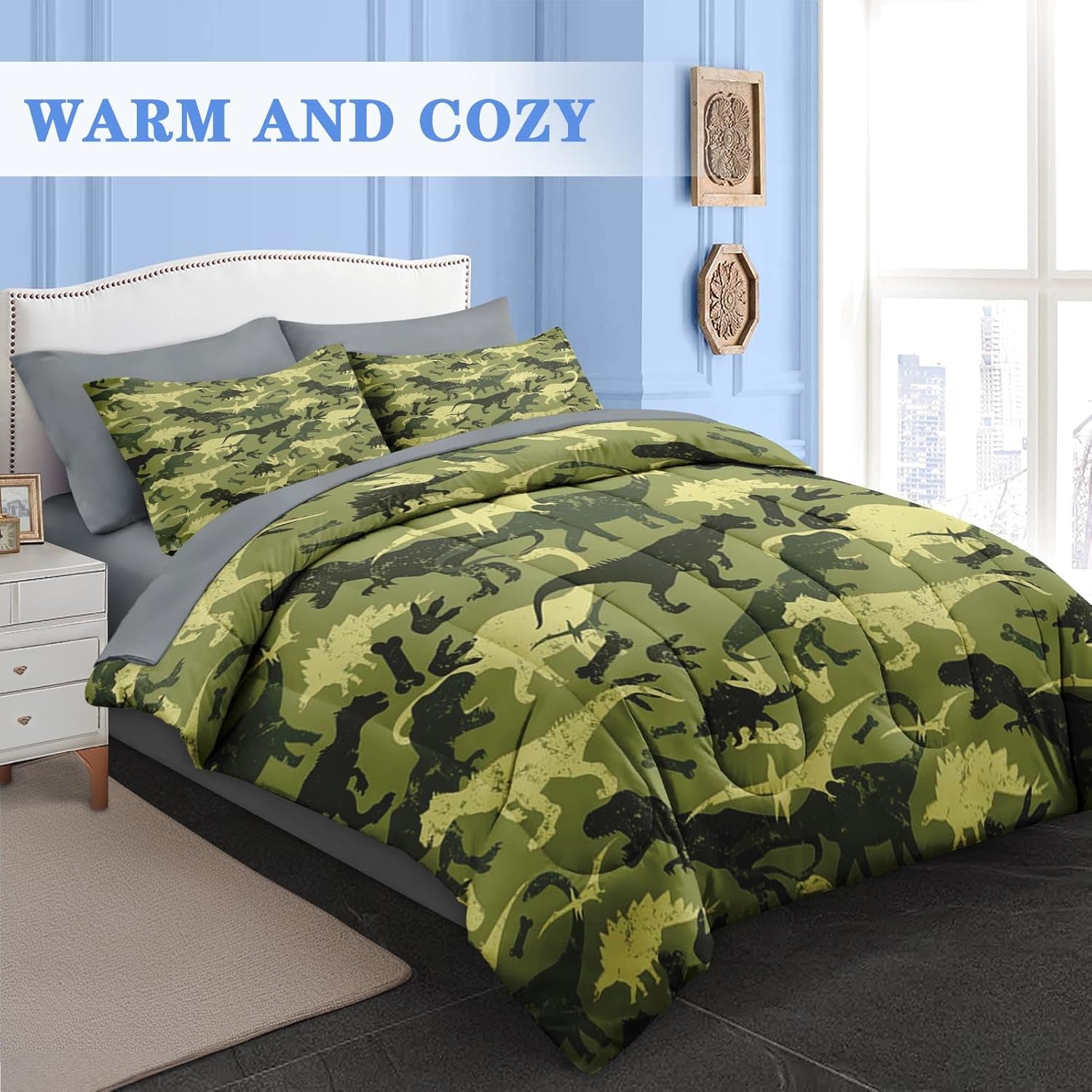 Comforter Set Twin Size, Camouflage Dino Dinosaur 5 Pcs Bedding for Kids and Adults, Cute Funny Green Bed Sheet Sets with Fitted Sheet Pillowcase & Sham for Bedroom Bed Decor - Image 2