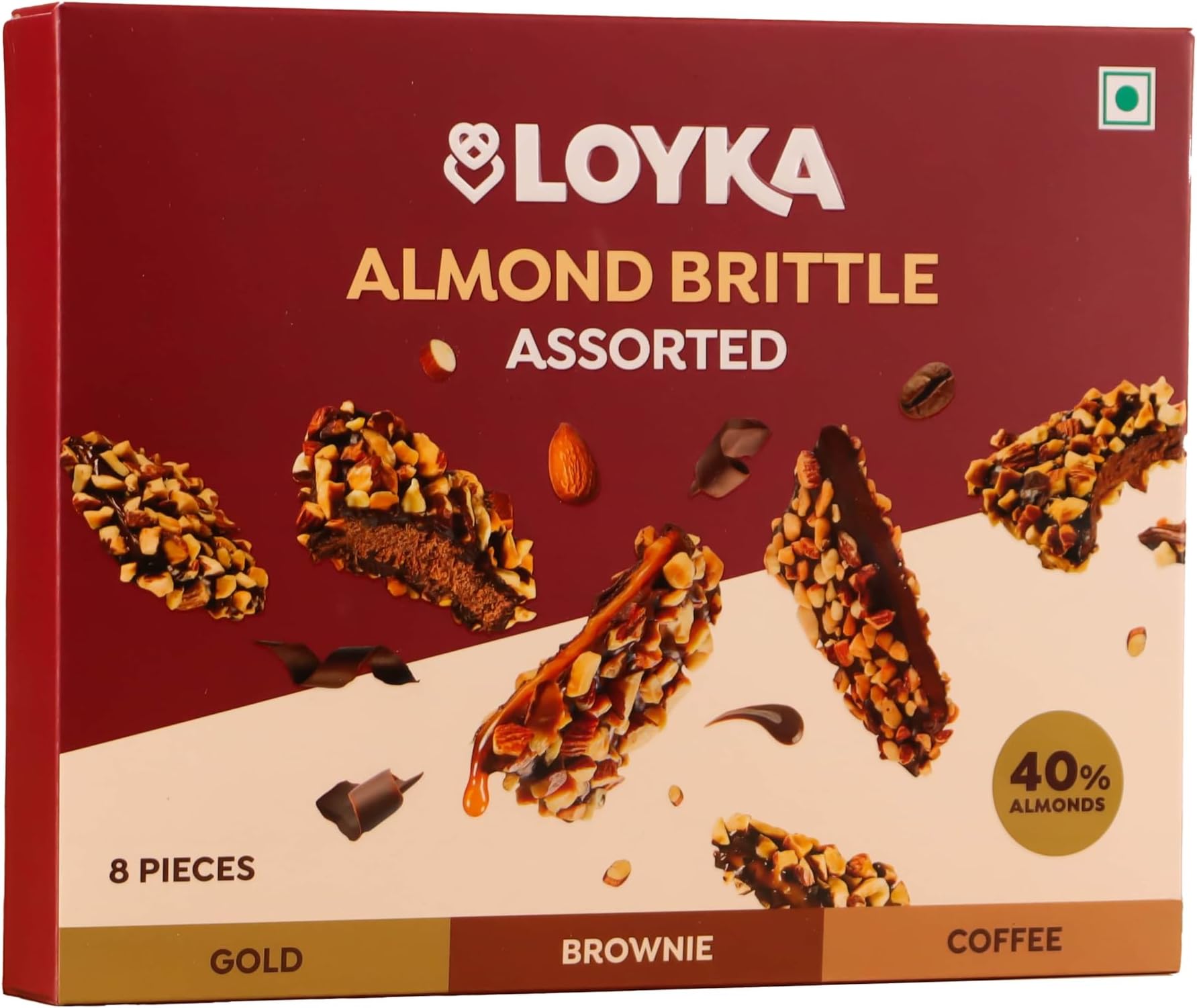 Almond Brittle Assorted Choco Box - 8 pcs 116gm | Premium Chocolate Gift Hamper | Choco & Nut Dryfruit Delicacy | Roasted California Almonds (40%), Dark Choco & Salted Caramel |