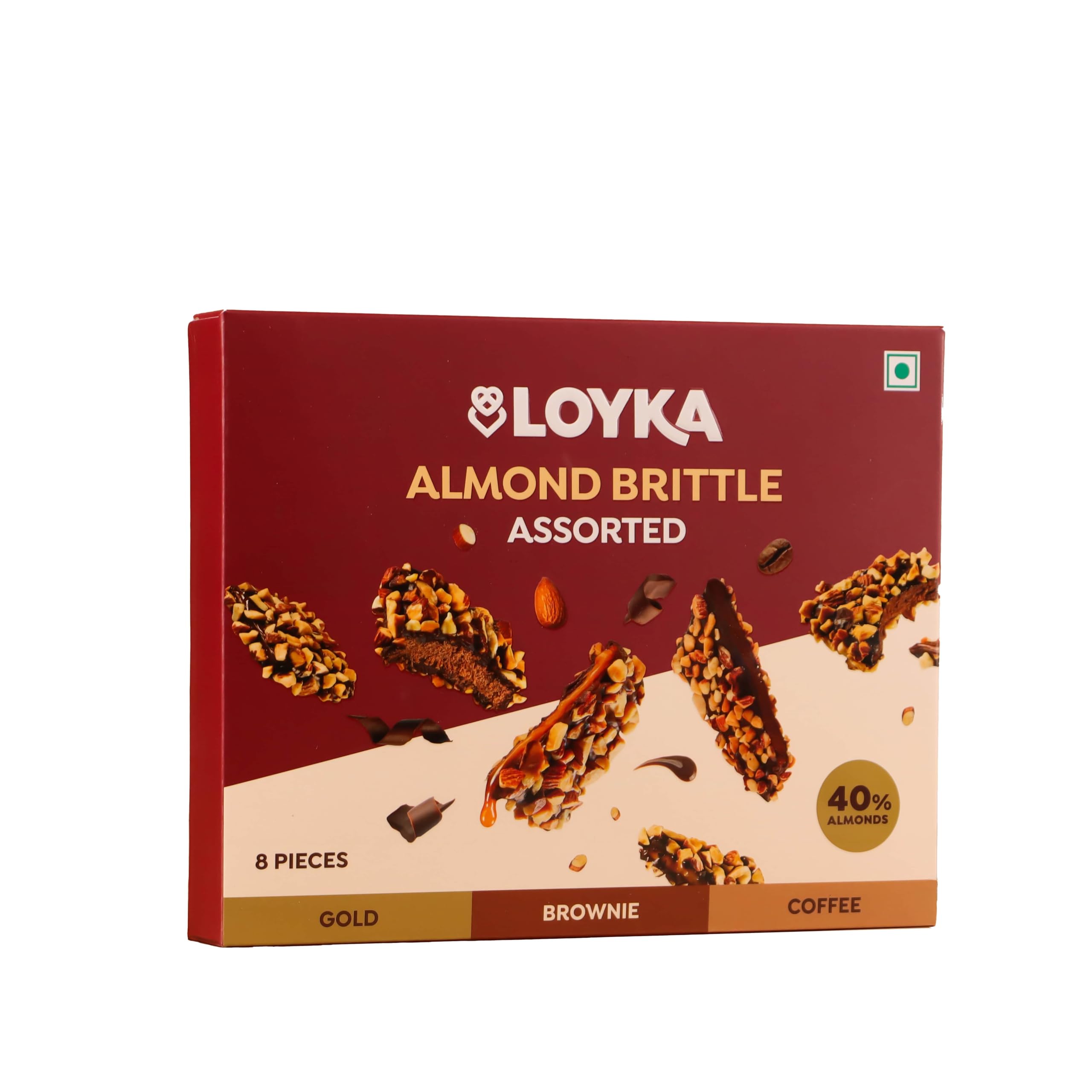 Loyka Almond Brittle Assorted Choco Box - 8 pcs 116gm | Premium Chocolate Gift Hamper | Choco & Nut Dryfruit Delicacy | Roasted California Almonds (40%), Dark Choco & Salted Caramel |