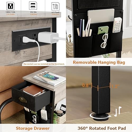 Miniatura 6 de Juego de 2 mesas auxiliares, mesa auxiliar con estación de carga y puertos USB, mesita de noche de 2 niveles con almacenamiento, mesita de noche