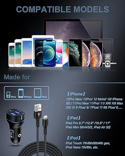 Miniatura 7 de Cargador de teléfono para coche, cable Lightning de carga rápida para iPhone 14 13 12 Pro Max Mini 11Pro 10 SE X XR XS XS Max 8 7 6 Plus, cable de