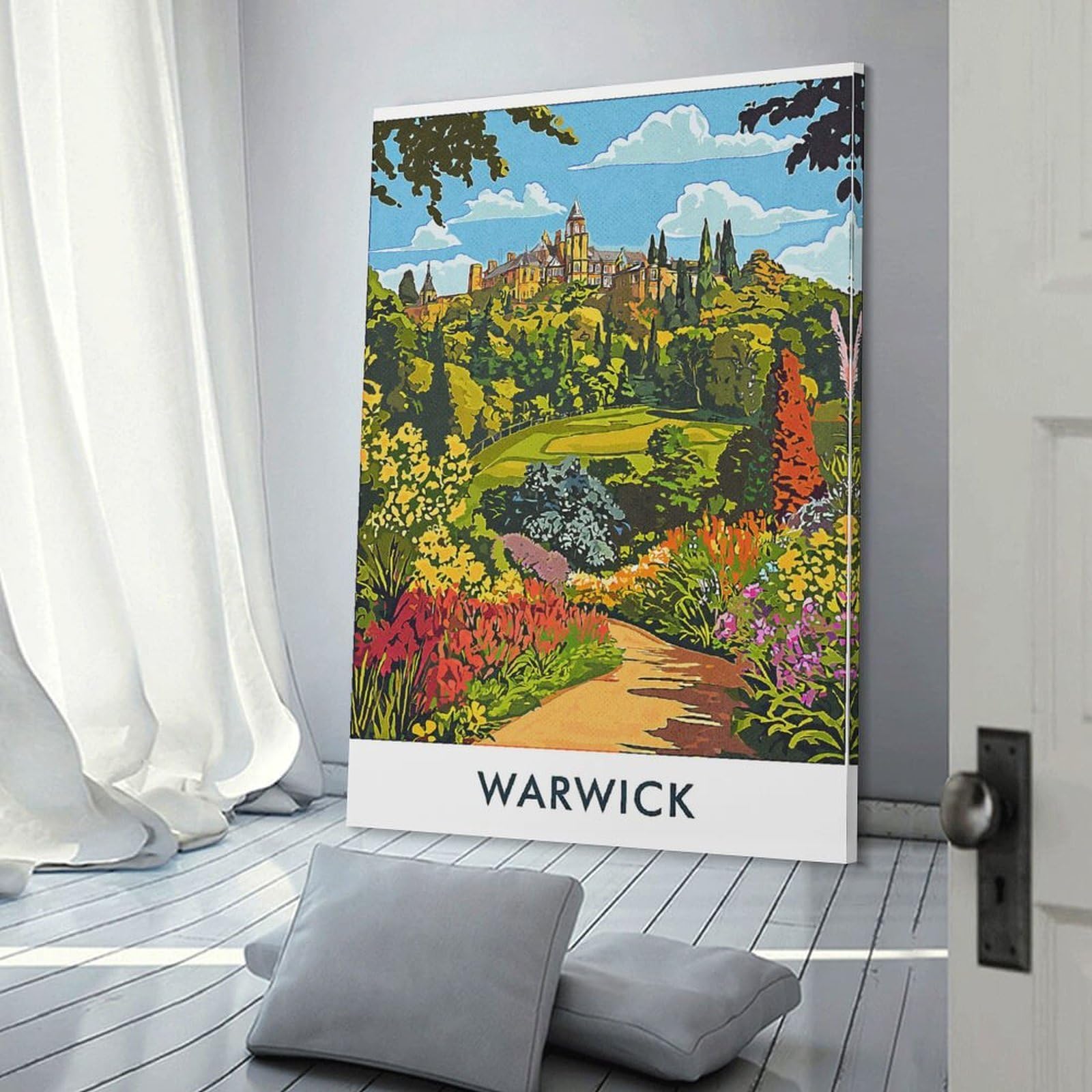 Junmoney Canvas Wall Picture Warwick Castle Garden, 20x30inch(50x75cm), for Calm Bedrooms, Home Corners Or Flats, Decorative Wall Art for Cosy Rooms