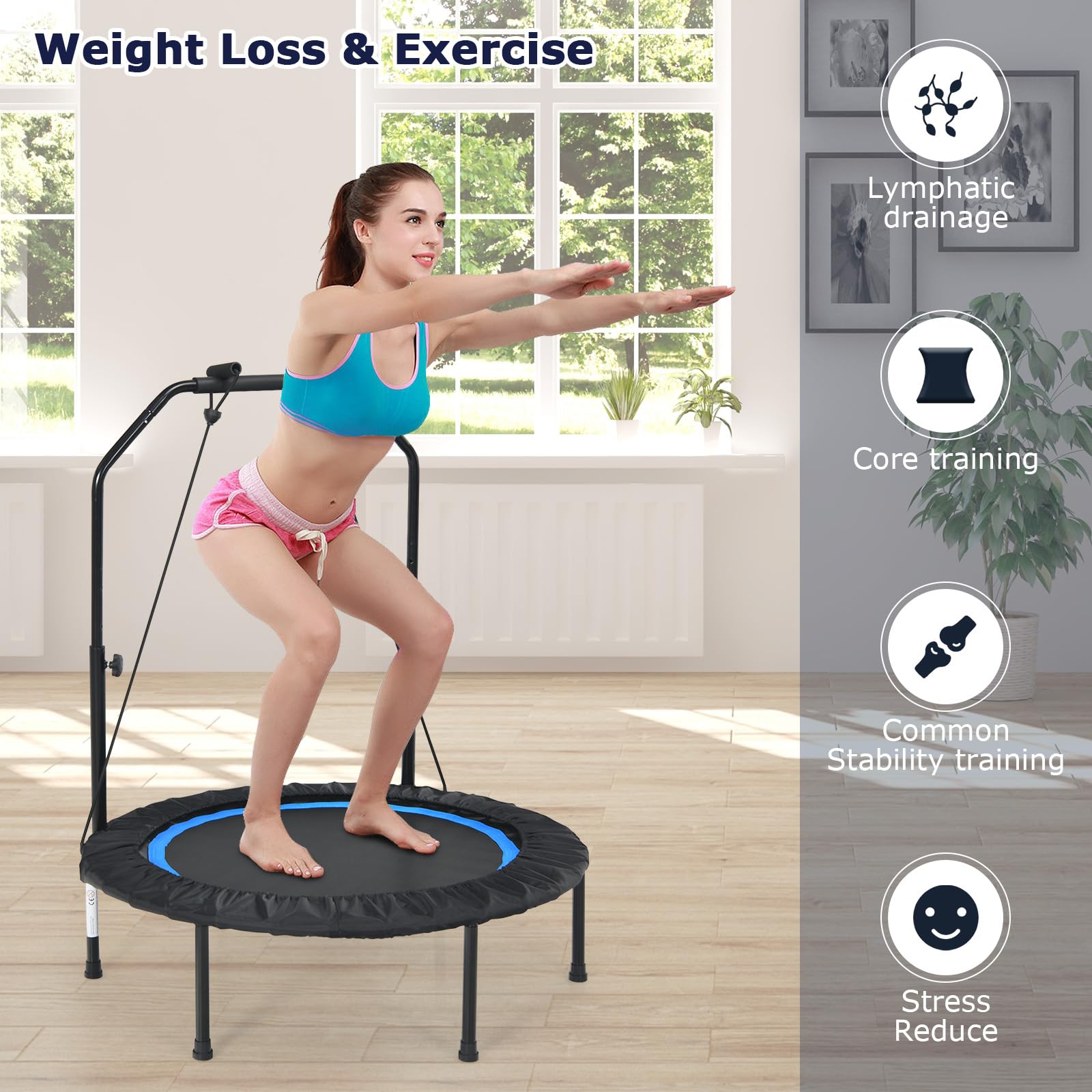 KOMFOTTEU Tappeto Elastico 2 in 1 Ø101 cm, Trampolino Elastico Fitness da Interno e Esterno con Manico Regolabile in Altezza e 2 Fasce di Resistenza, Mini Trampolino Pieghevole fino a 150 kg, Nero+Blu
