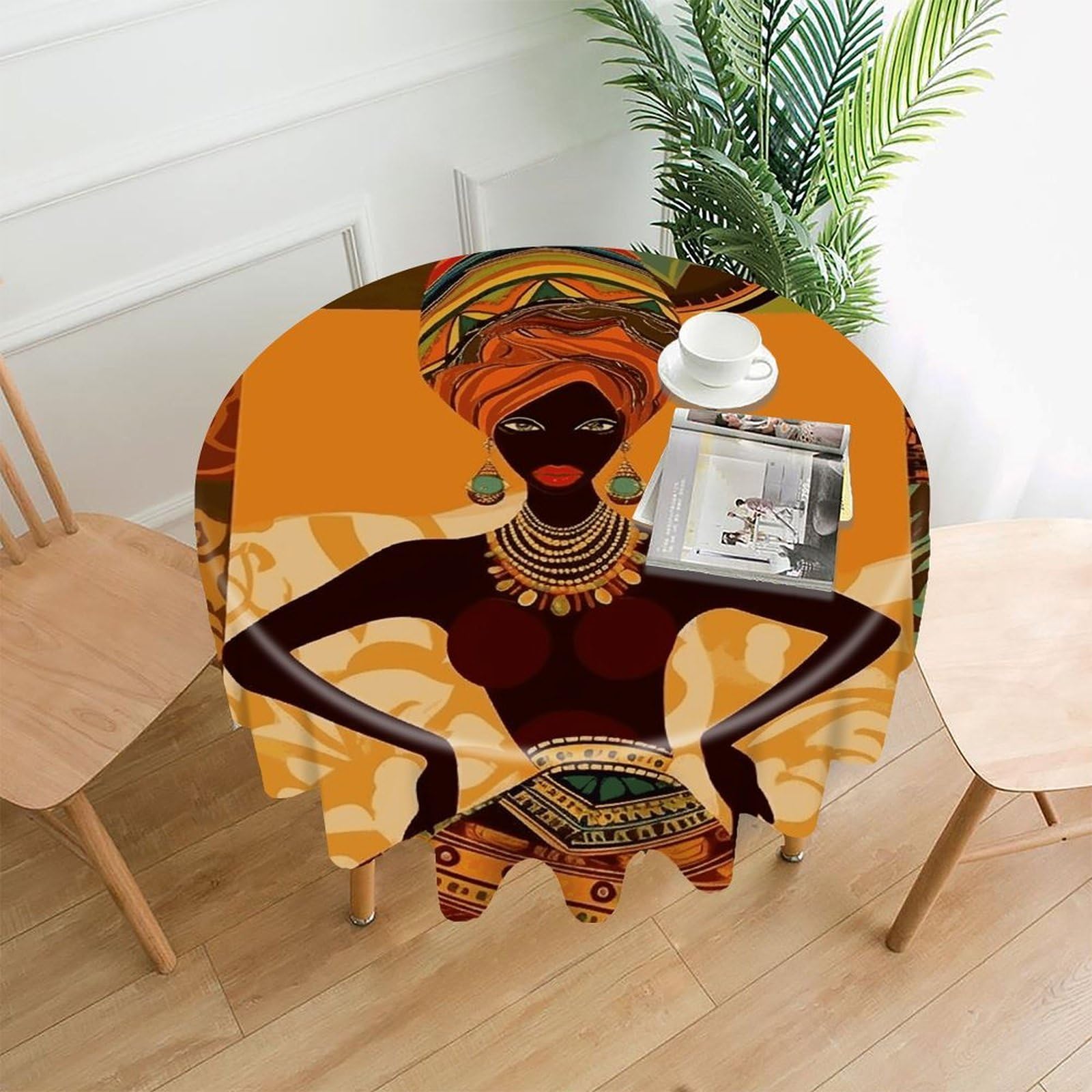 VstaDank African Woman Tablecloth Easy to Clean Polyester Round Table Cover Washable Round Table Cloth Wrinkle-Free Circle Decoration Tablecloth for Kitchen Dining Room 60"