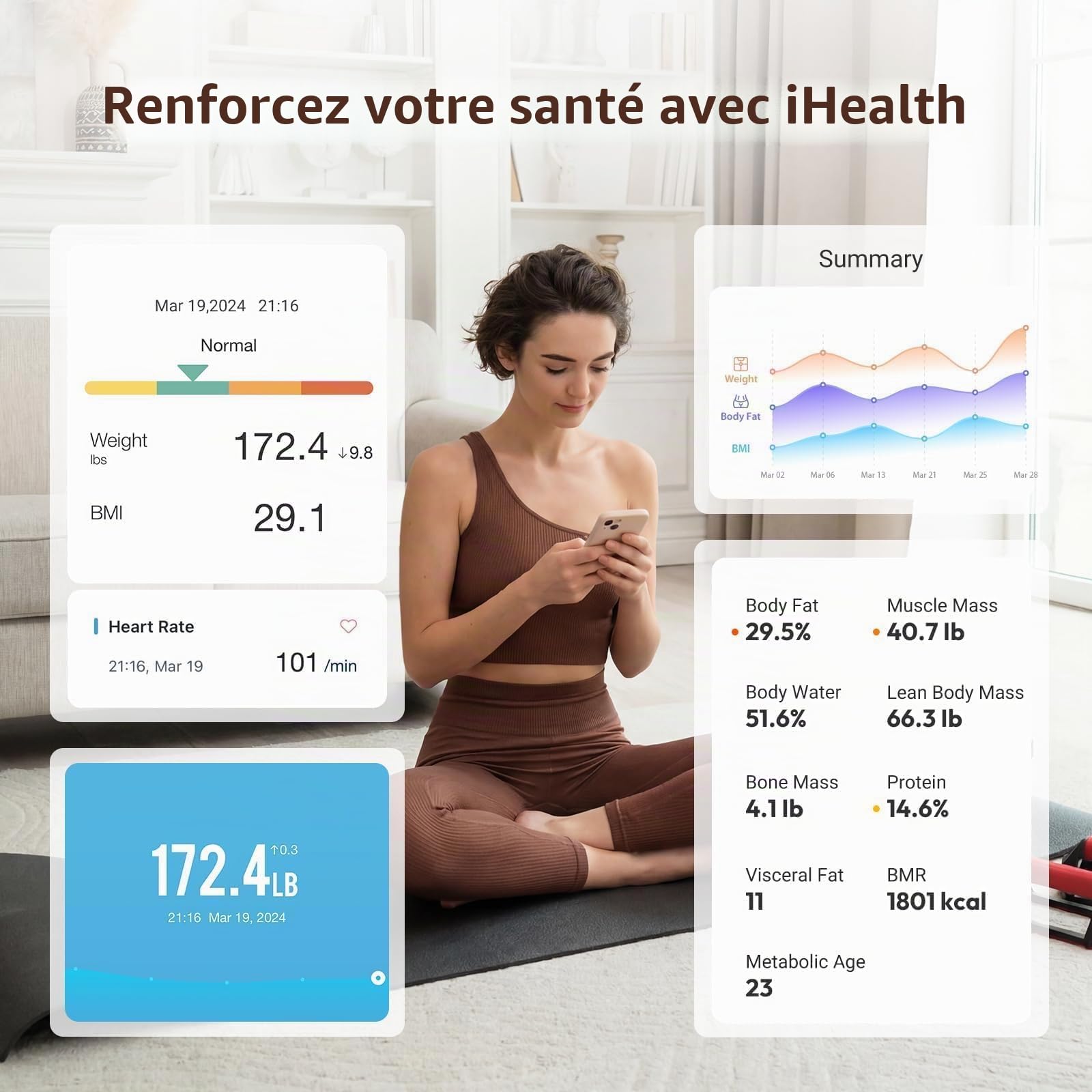 iHealth Fit - Balance Impédancemètre - Balance Connectée Bluetooth 4.0 d'Analyse Corporelle - Analyse IMC 6 Masses Corporelles - Muscle, Graisse, Masse Osseuse, Hydrique et Viscérale