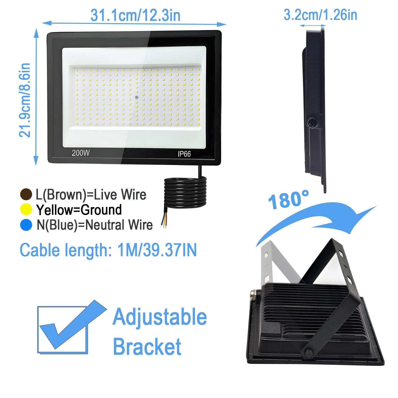 2 Piezas Focos LED Exterior 200W, Tkdaksy 1M Cable Blanco Frío 6500K Proyector LED Exterior, Resistente al Agua IP66 Foco Proyector LED, 20000LM para Terrazas, Patios, Cuadrado, Parques, Garajes, Fábr