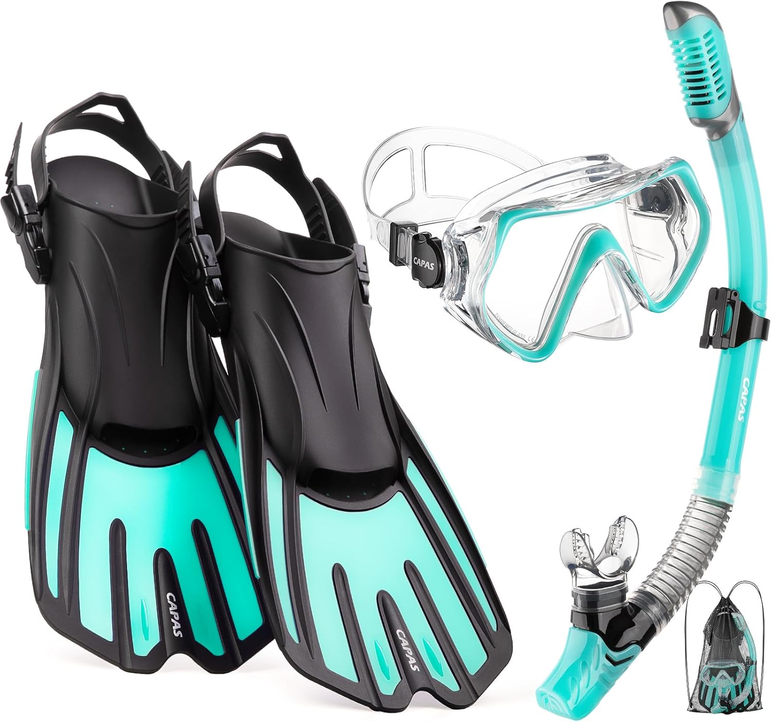 CAPAS Travel Snorkel Mask Fins Set for Adults: Adjustable Short Fins, Anti-Fog Mask, Dry Top Snorkel & Mesh Bag