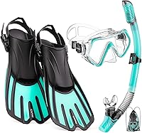 CAPAS Travel Snorkel Mask Fins Set for Adults: Adjustable Short Fins, Anti-Fog Mask, Dry Top Snorkel & Mesh Bag